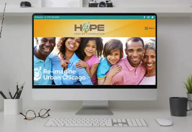 Hope Center Foundation homepage on desktop screen showcasing diverse happy family