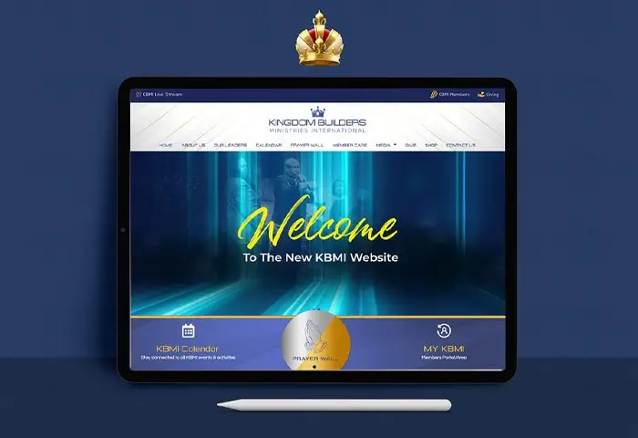 Tablet displaying Kingdom Builders Ministries International website homepage