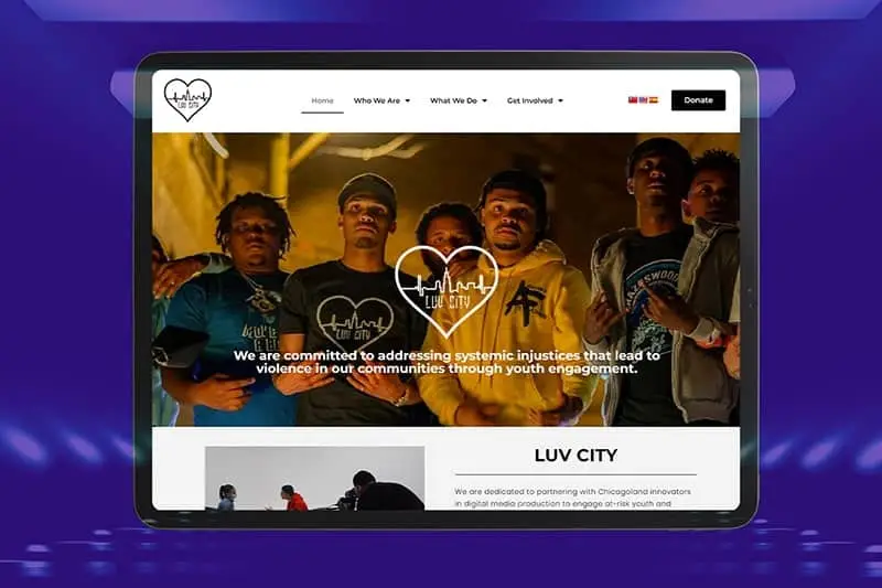 LUV City website homepage featuring youth engagement against community violence