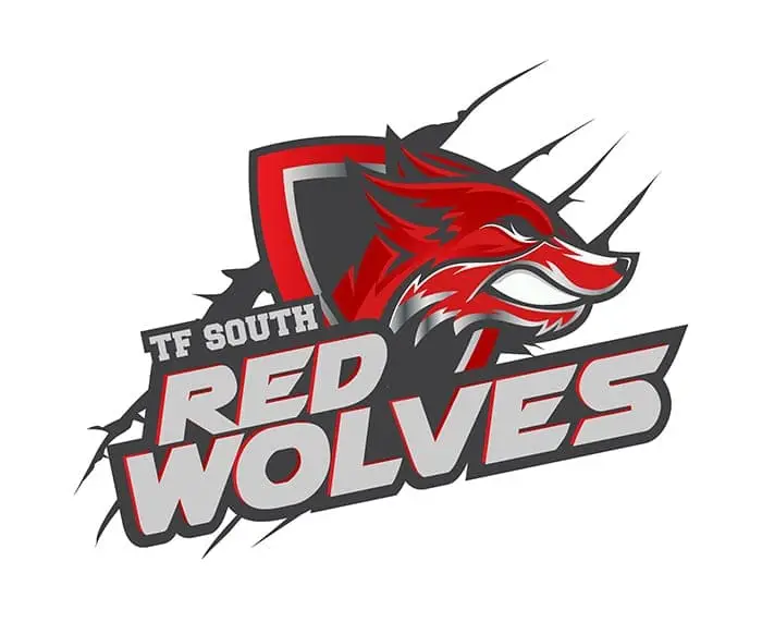 TF South Red Wolves logo with fierce wolf design