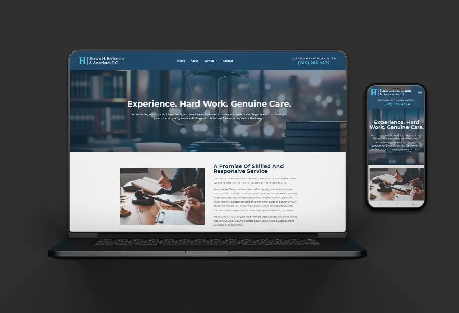 Responsive law firm website design displayed on a laptop and smartphone screens