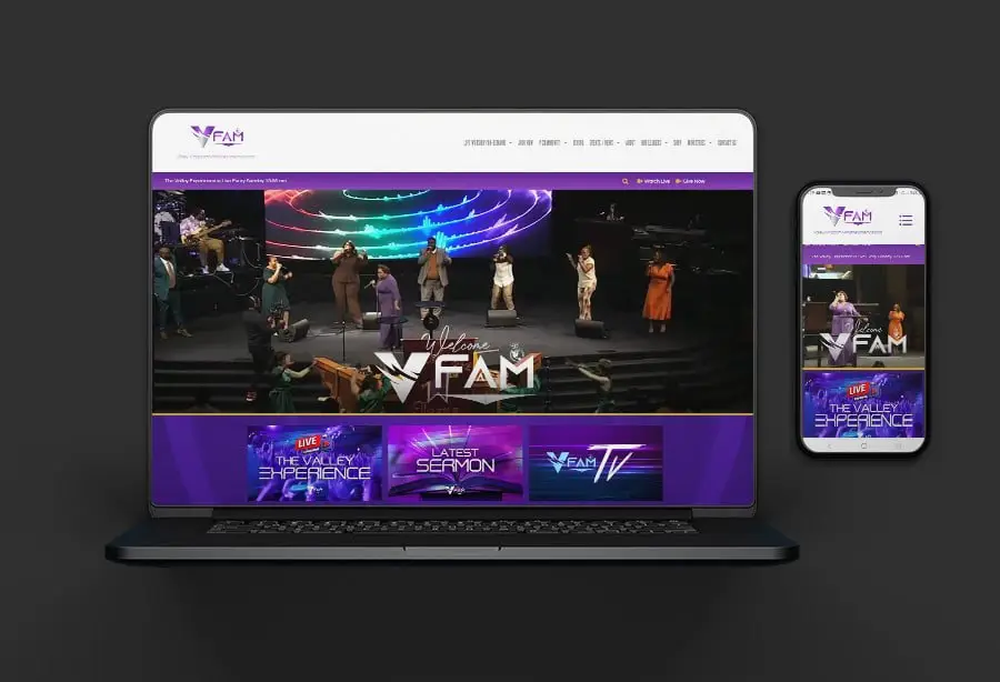 Website design for FAM church with vibrant colors on laptop and phone screens