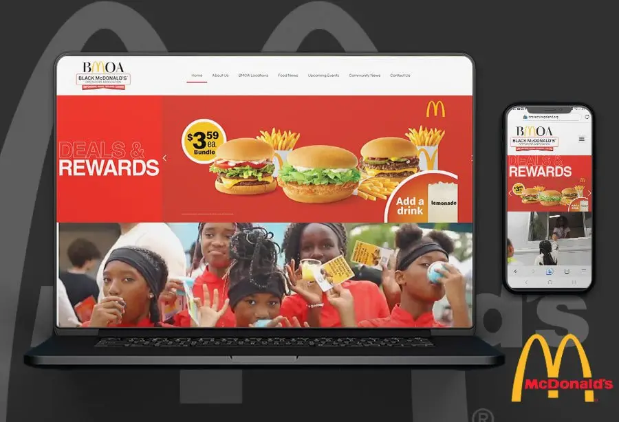 McDonald's Deals and Rewards page with burgers on laptop and phone screens