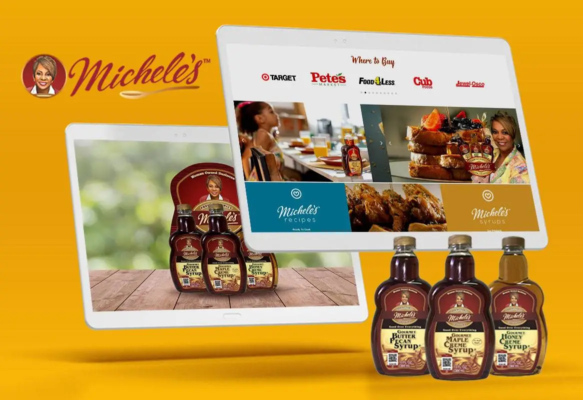 Michele's syrup bottles with website display on tablet screens
