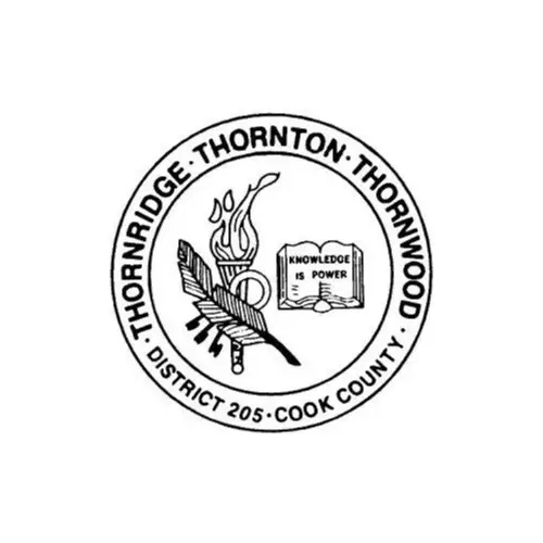 Logo of District 205 Cook County featuring torch, feather, and open book