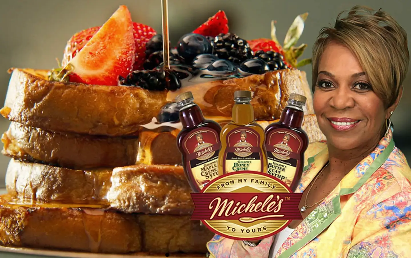 French toast with Michele's syrup bottles and a smiling woman