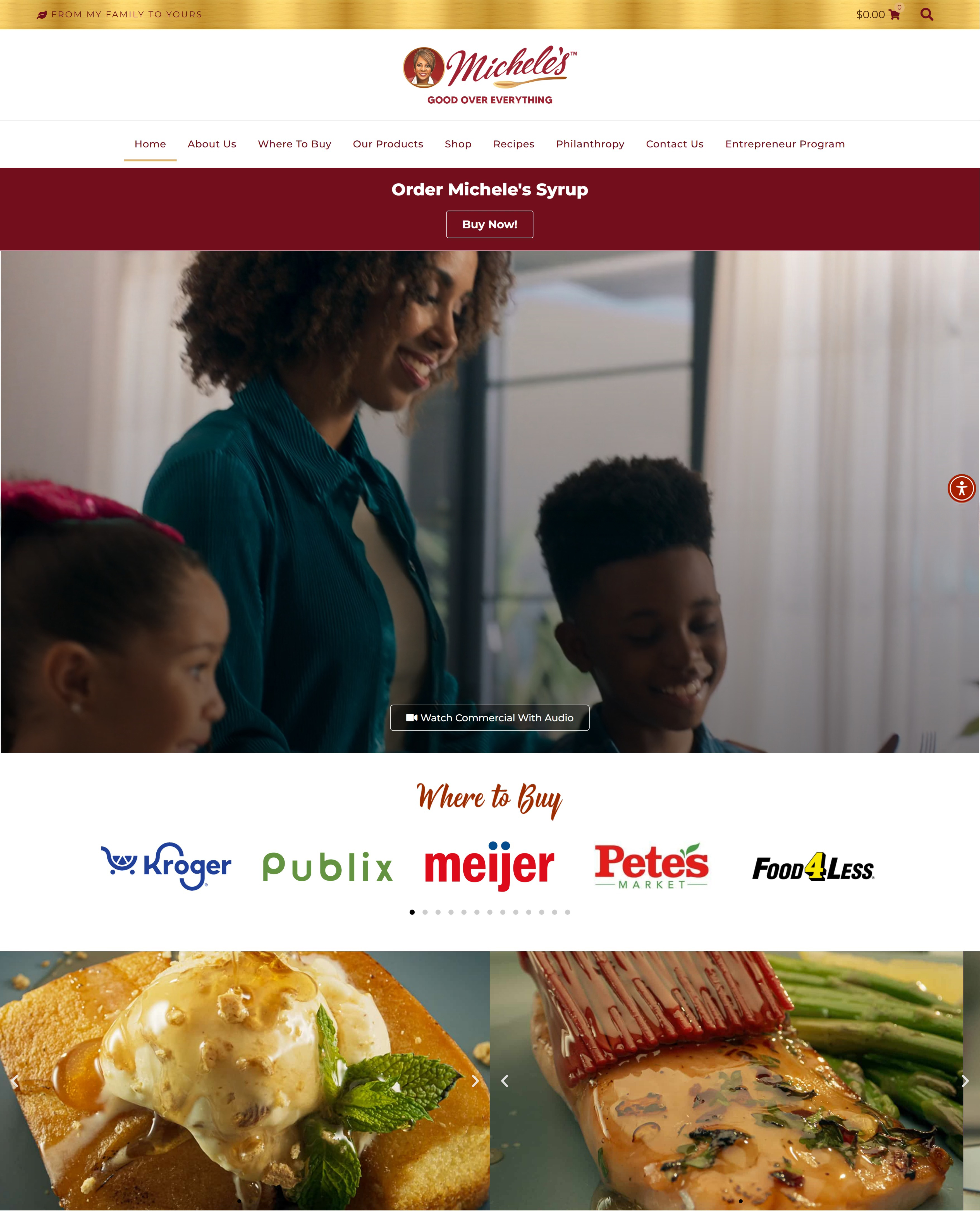 Family enjoying Michele's syrup with breakfast, showcasing retailers like Kroger and Publix