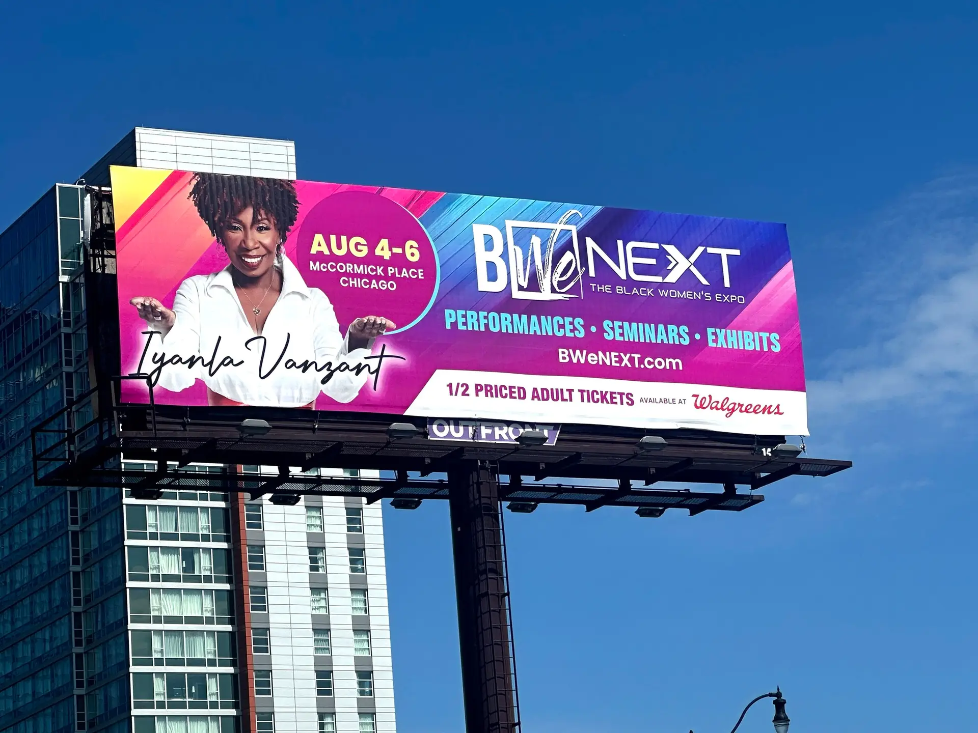 BWENext Expo billboard with August event details in Chicago