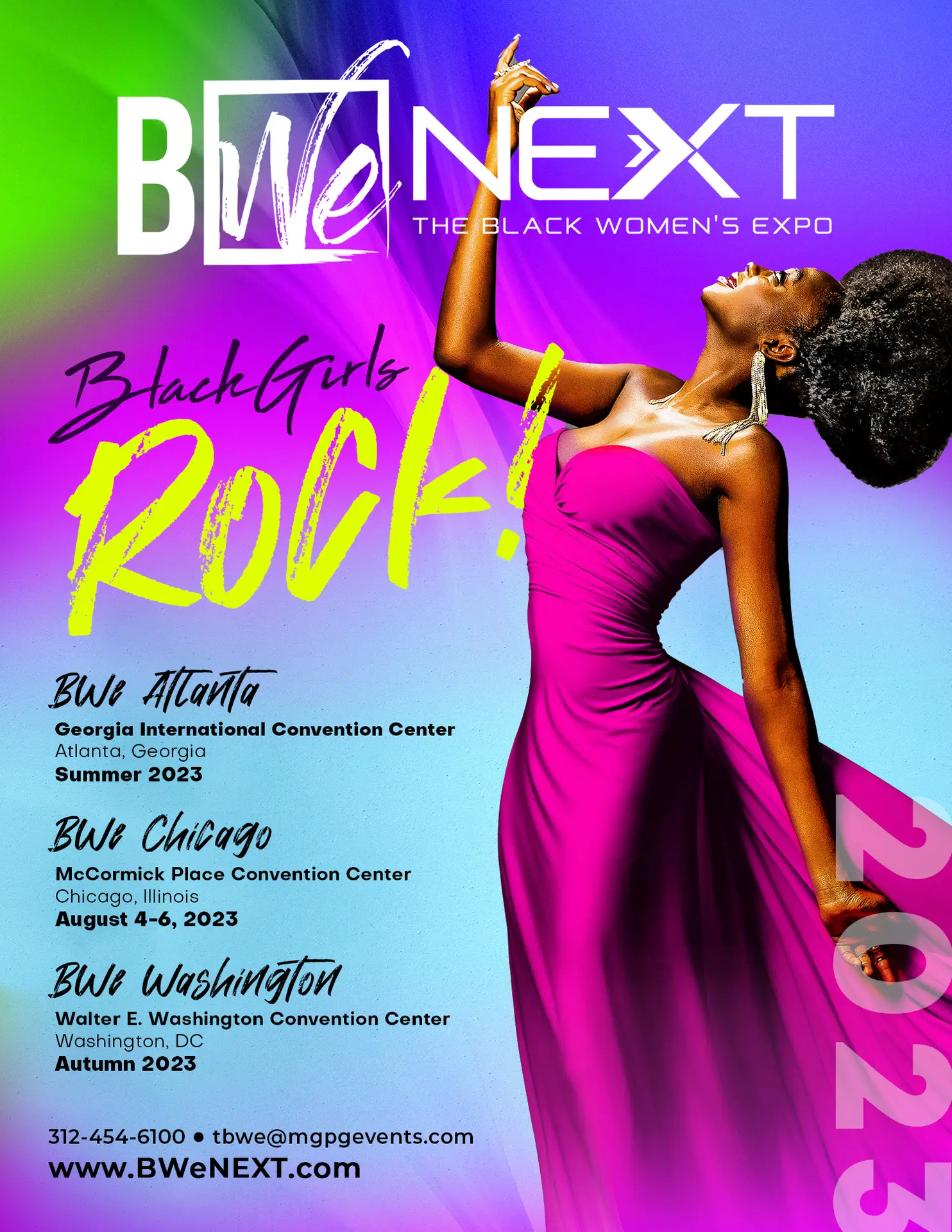 Black Women's Expo 2023 promotional poster highlighting events in Atlanta, Chicago, and Washington