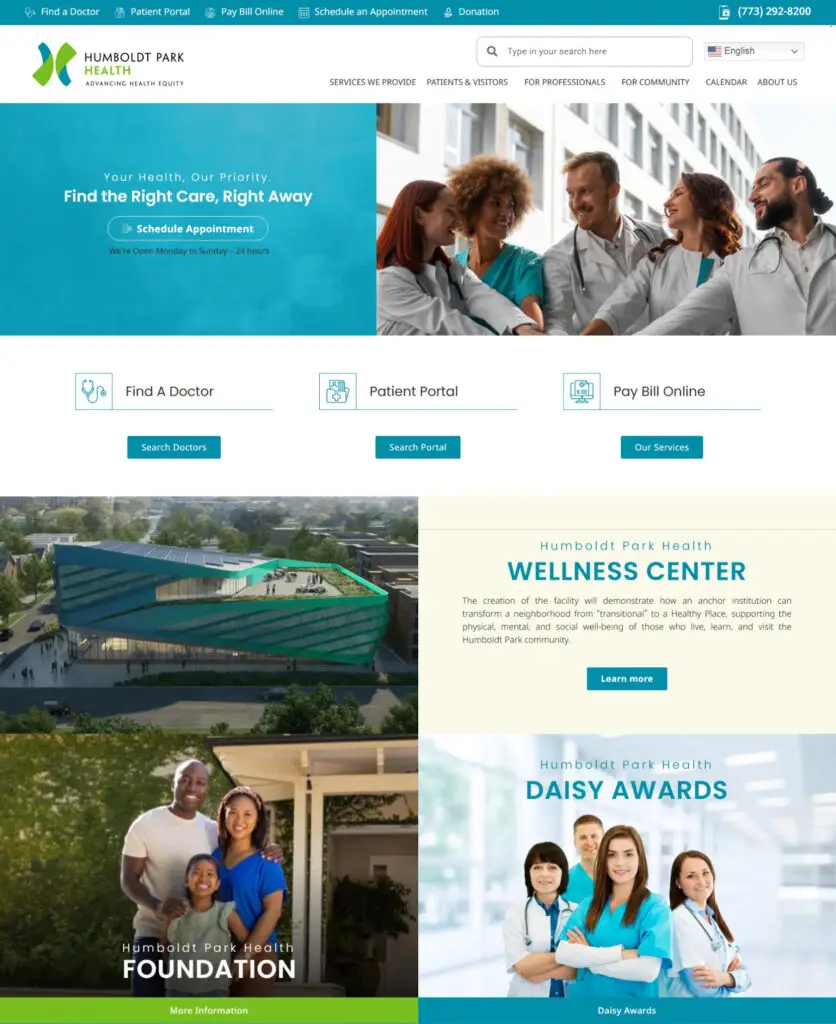 Humboldt Park Health website homepage with healthcare services and community initiatives