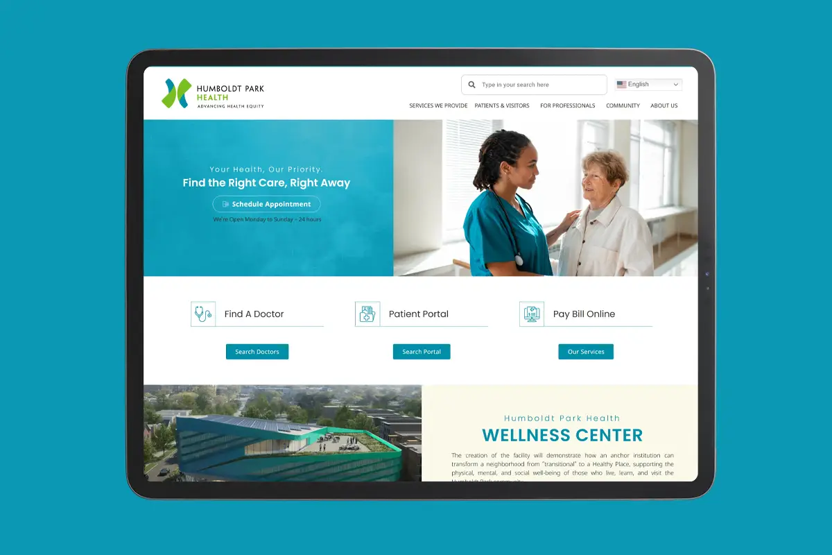 Humboldt Park Health website homepage featuring patient care services