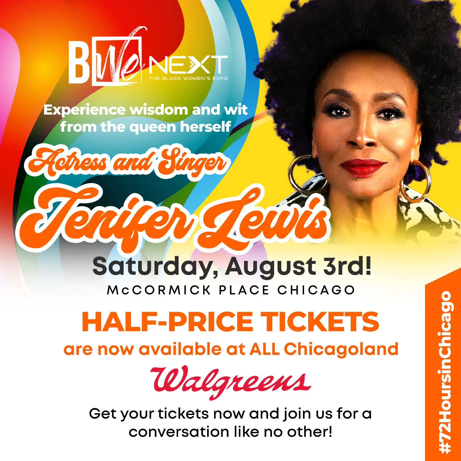 Jennifer Lewis event poster, half-price tickets available at Walgreens, Black Women's Expo