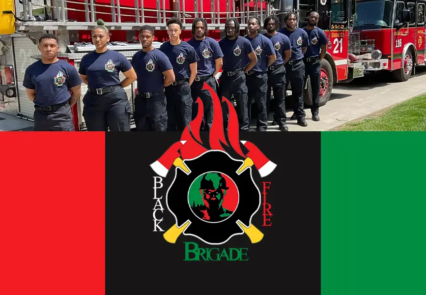 Black Fire Brigade members standing in front of a fire truck, promoting diversity in firefighting