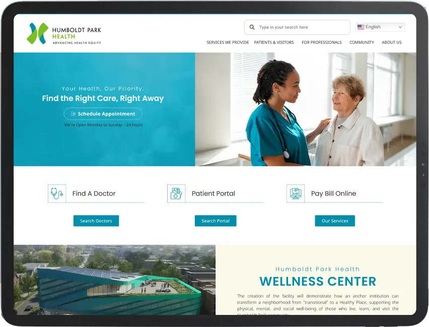Humboldt Park Health homepage featuring wellness services and healthcare access