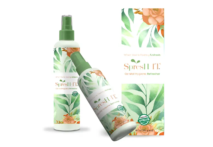 Spresh IT genital hygiene refresher with floral design packaging