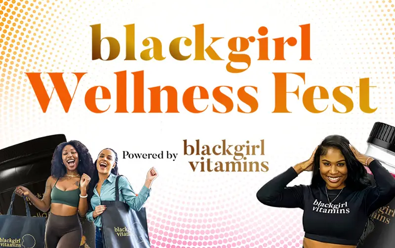 Black Girl Wellness Fest poster with vibrant background and attendees holding event bags