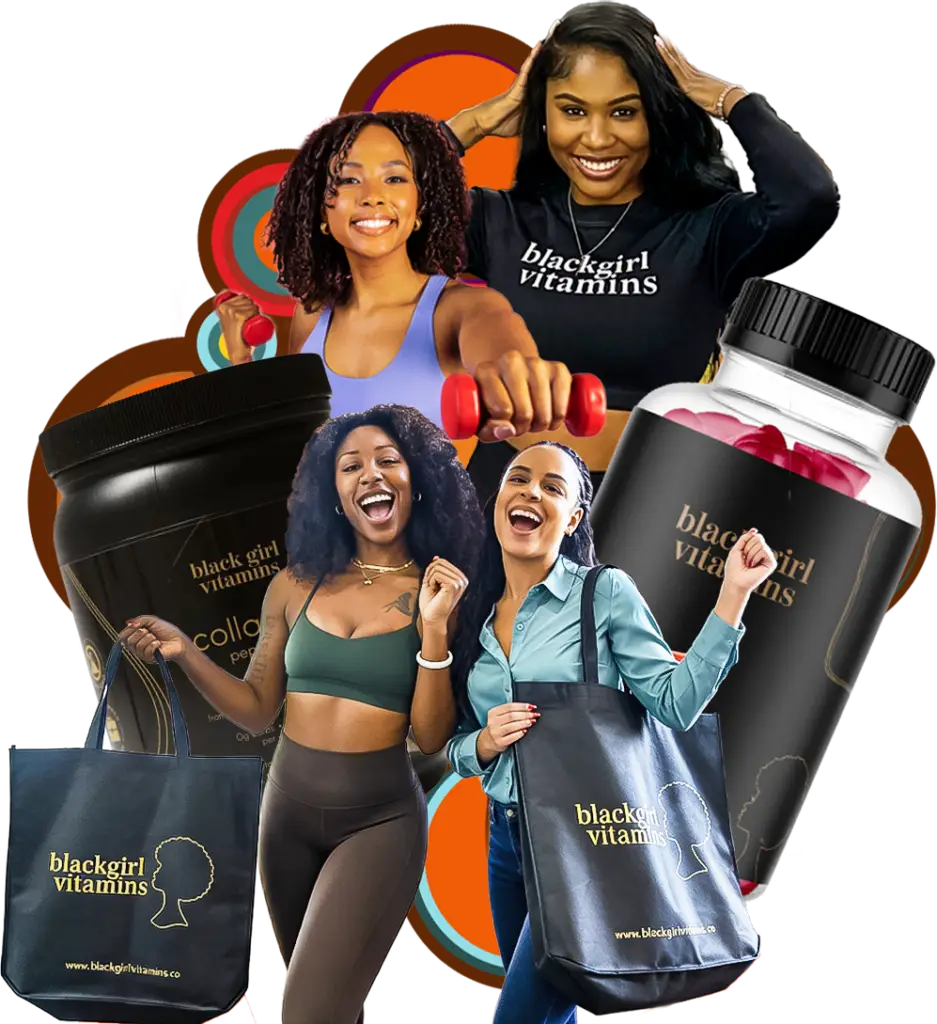 Diverse women promoting Black Girl Vitamins with products and shopping bags